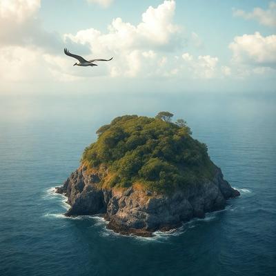 The primary subject of the image is a bird flying over a small island in the ocean. The island is surrounded by water, and it appears to be a rocky formation. The bird is flying above the island, adding a sense of motion and life to the scene. The visual style of the image is a photo, capturing the bird and the island in their natural environment. The colors and mood of the image are dominated by the ocean's blue hues and the rocky island's rugged appearance, creating a serene